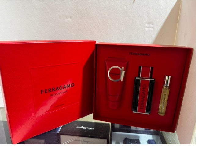 Gift Set Red Leather by Salvatore Ferragamo 3pc 3.4 oz. + mini Men